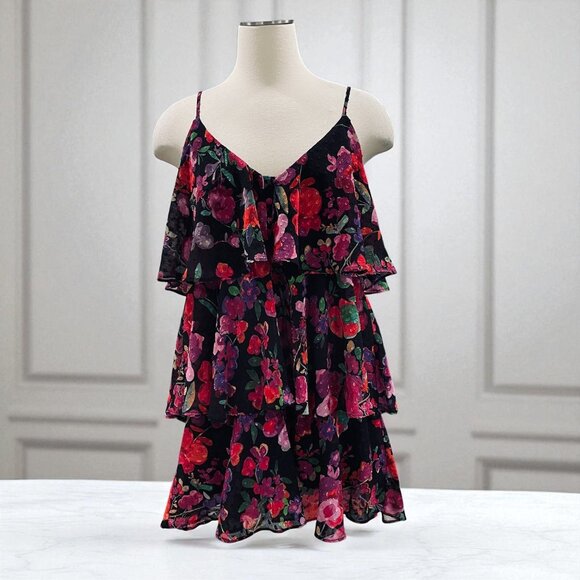 Line And Dot Black Floral Ruffle Mini Dress Boho Cottagecore Festival Y2K SZ M - Picture 1 of 12